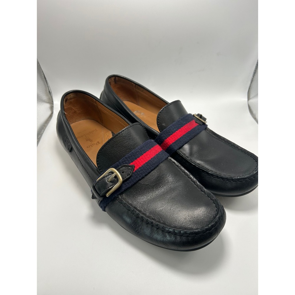 Polo Ralph Lauren Riali Loafers Mens 9.5D Black Leather Webbing Buckle Driver